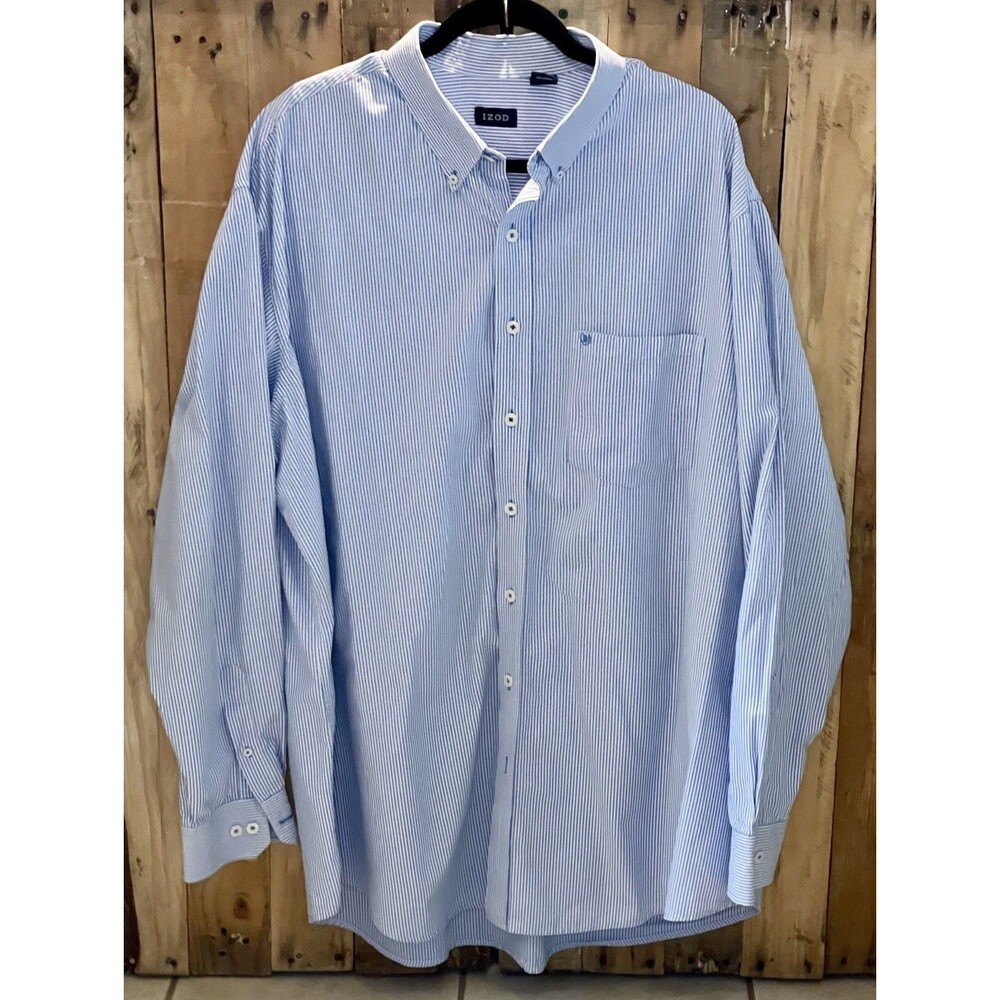 IZOD Men’s SZ 2XLT Long Sleeve Button Down Striped Dress Shirt Blue & White